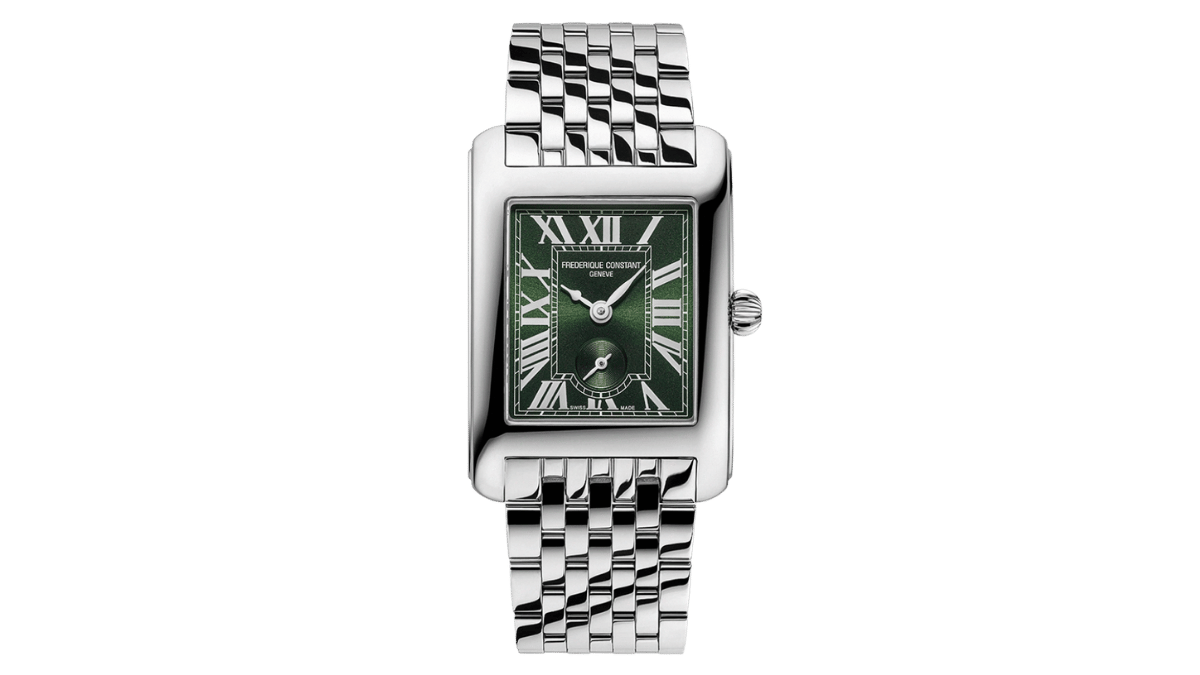 Frederique Constant Classics rectangular watch with green dial and steel bracelet