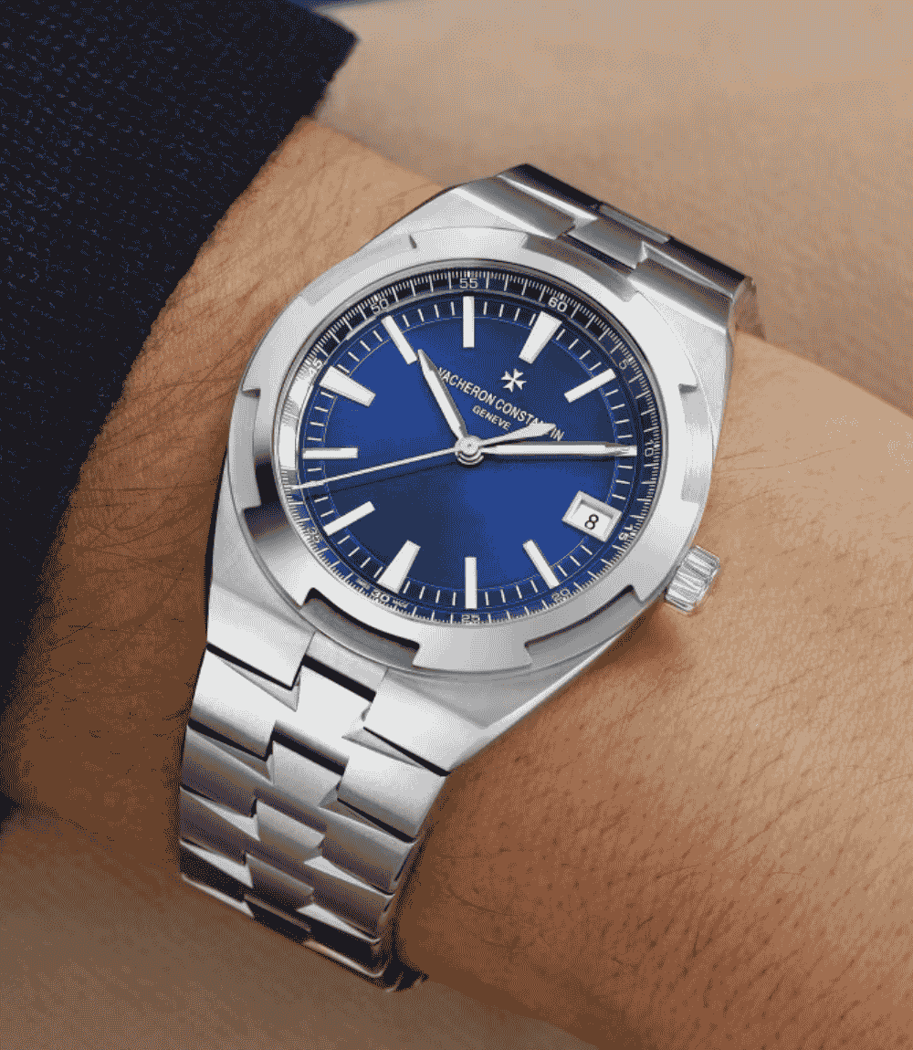 Vacheron Constantin Overseas steel watch with blue dial worn on wrist