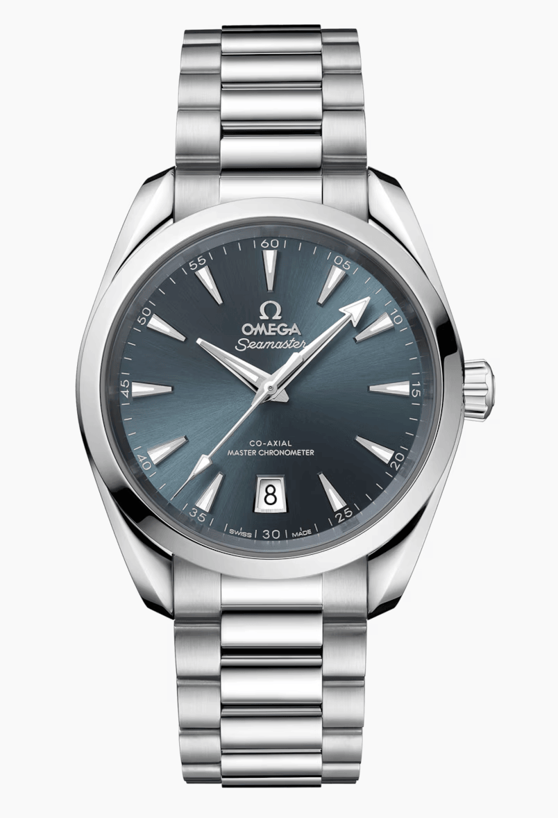 Omega Seamaster Aqua Terra steel watch with blue sunburst dial and date
