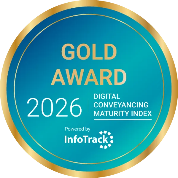 Gold Award 2026 badge for Digital Conveyancing Maturity Index powered by InfoTrack, with gold text and border on a blue circular.