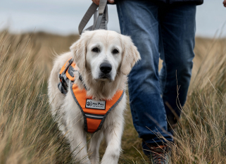 A golden retriever wearing an orange and gray harness labeled “Paw Puu – Assistance” walks through a grassy path beside a person dressed in jeans and a dark puffer jacket. The dog looks directly at the camera while the person holds its leash, suggesting a guide or service dog on duty in an outdoor, natural setting.