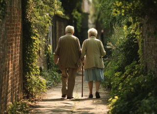An elderly couple walks hand in hand down a quiet, narrow path surrounded by lush greenery and brick walls. The woman uses a cane for support, and both are dressed in light coats. Sunlight filters softly through the overhanging trees, creating a serene and intimate atmosphere.