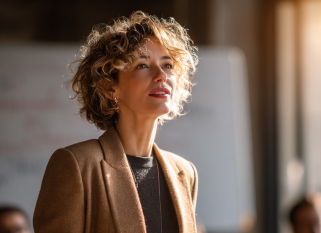 Woman with short curly hair wearing a tan blazer over a dark top, standing indoors with warm sunlight illuminating her face and a blurred background.
