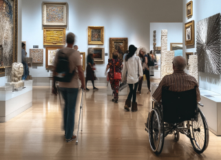 People walking through an art gallery with framed artworks and sculptures on display, including a person in a wheelchair in the foreground and another using crutches.
