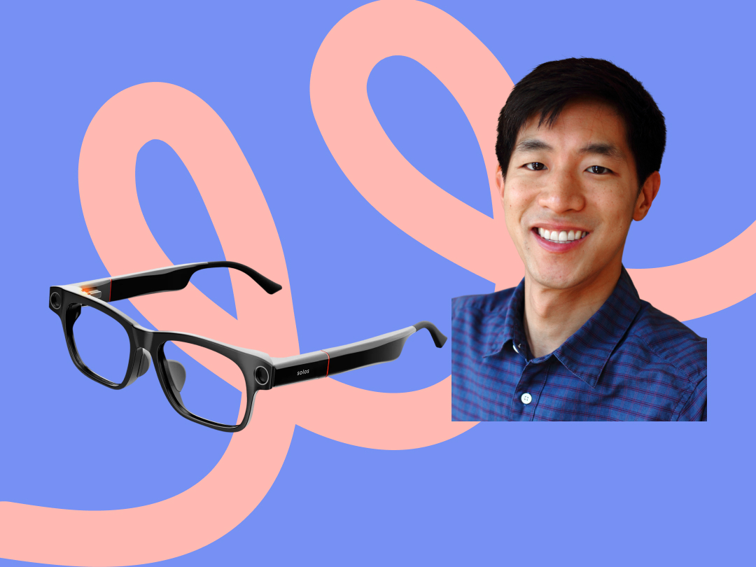 kenneth fan smiling, a cutout of the ally solos glasses with a light purple background and a pink ally branding thread style