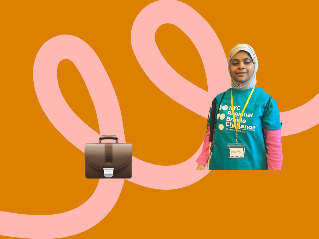 a p[hoto of maisha with a suitcase emoji with a n orange background