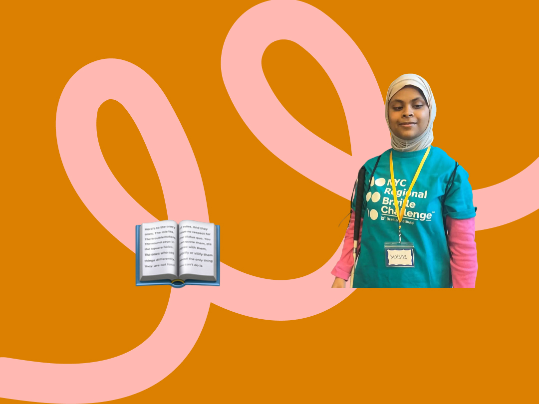 book emoji and maisha with an orange background