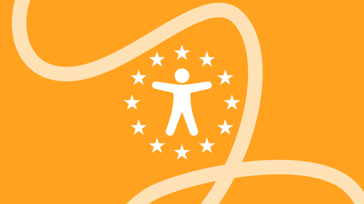 Logo of The European Accessibility Act on an Ally orange background with a swirl enveloping the EAA logo.