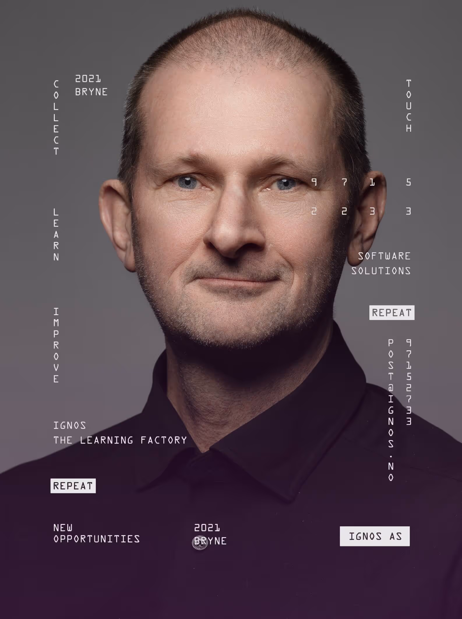 Stilisert portrett av medarbeider med infografikk-overlegg – brandingfoto.