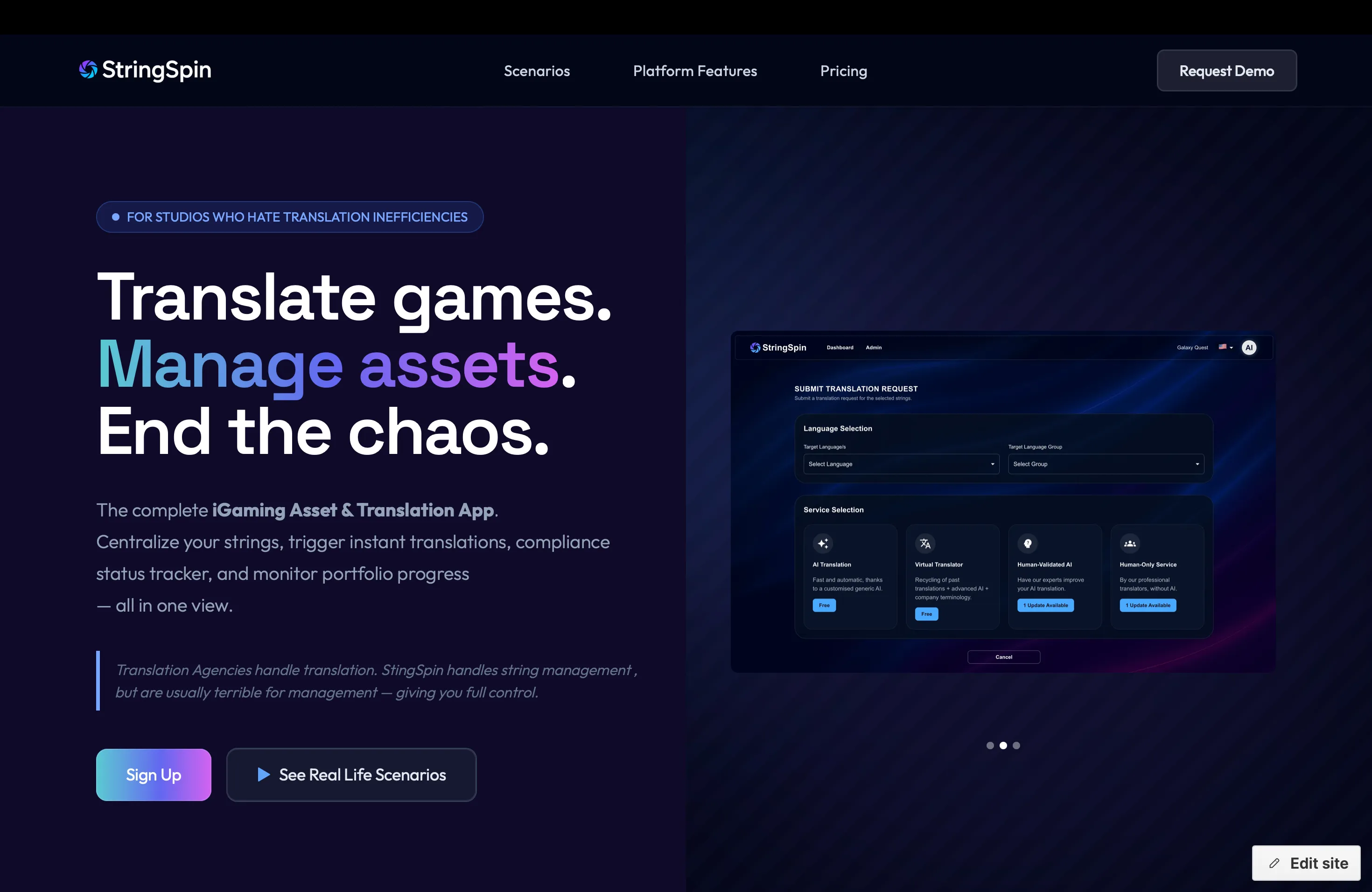 Page d’accueil de StringSpin présentant une application complète de traduction et gestion d’actifs pour jeux vidéo, avec options d’inscription et démonstration.