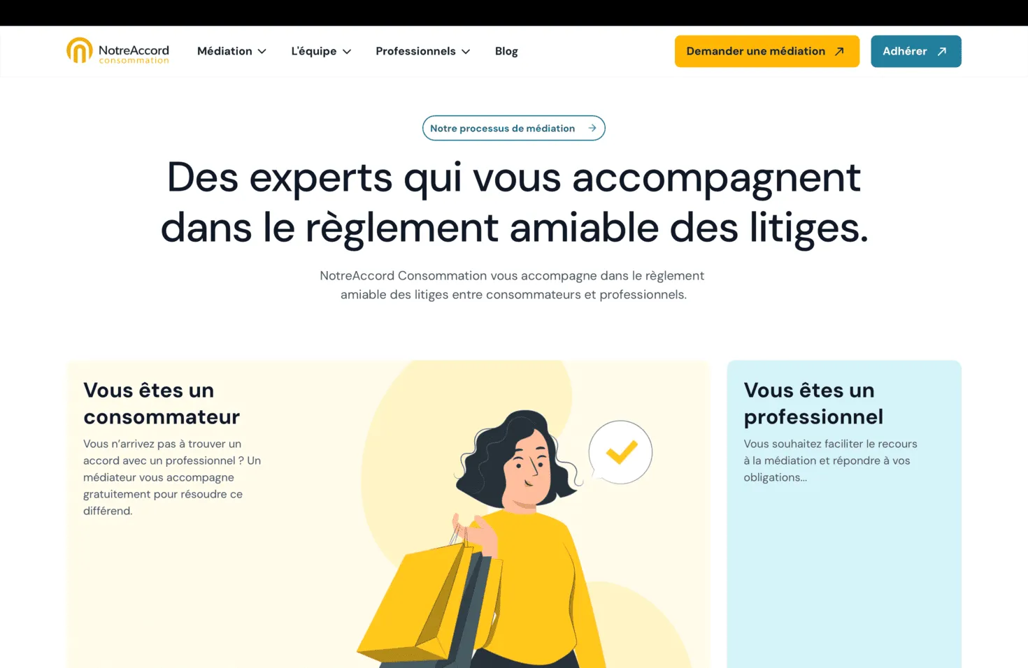 Page montrant un expert aidant consommateurs et professionnels à régler amiablement leurs litiges.
