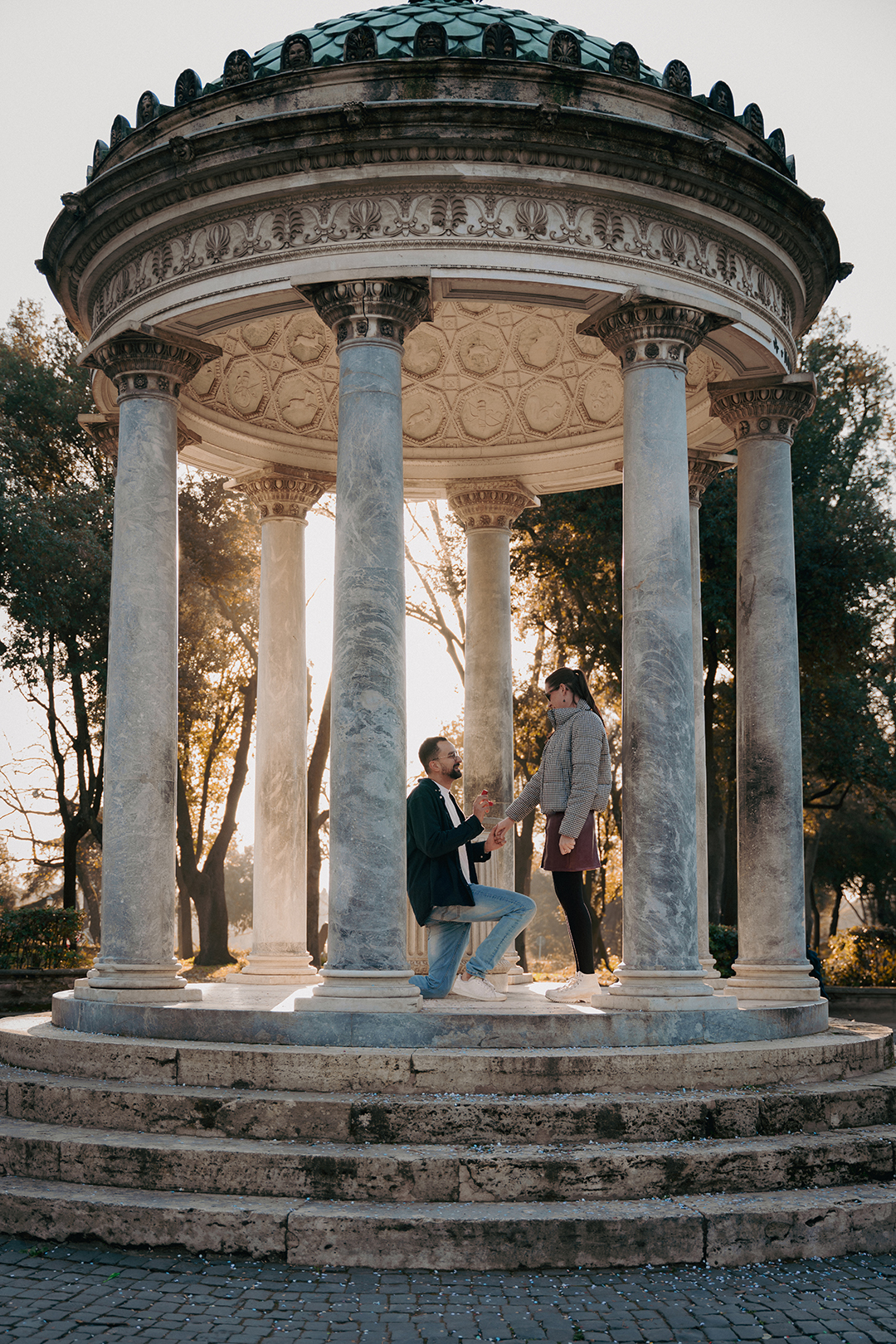Surprise proposal at the Temple of Diana in Villa Borghese, Rome — romantic engagement photoshoo