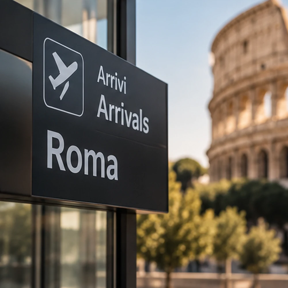 Rome arrival sign with the Colosseum in the background during an engagement proposal trip.