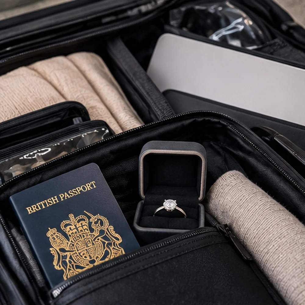 Engagement ring in a carry-on bag with a British passport, prepared for travel from the UK to Rome.