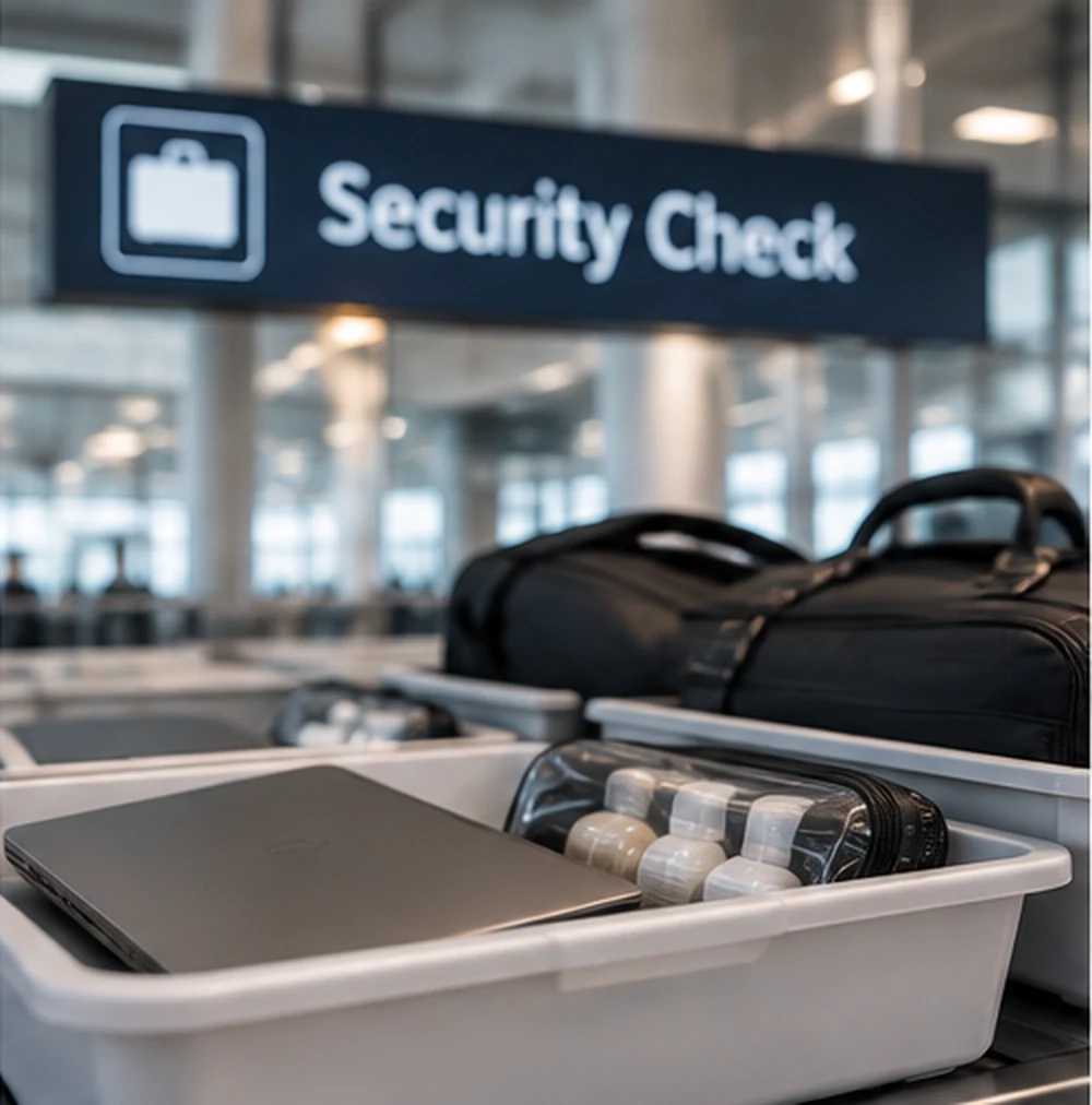 Airport security tray with hand luggage and travel essentials for carrying an engagement ring discreetly.
