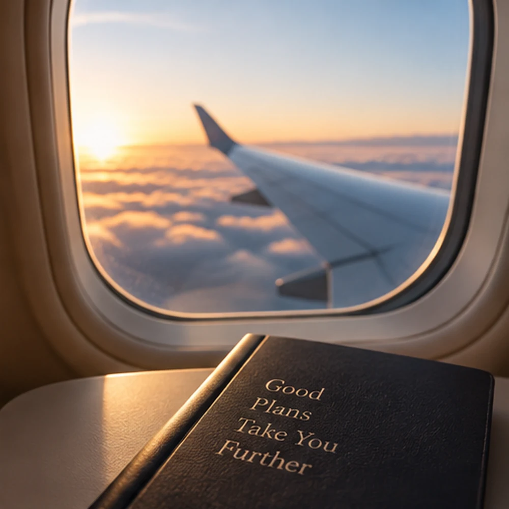 Airplane window view during a flight to Rome, representing travel for a surprise engagement proposal.