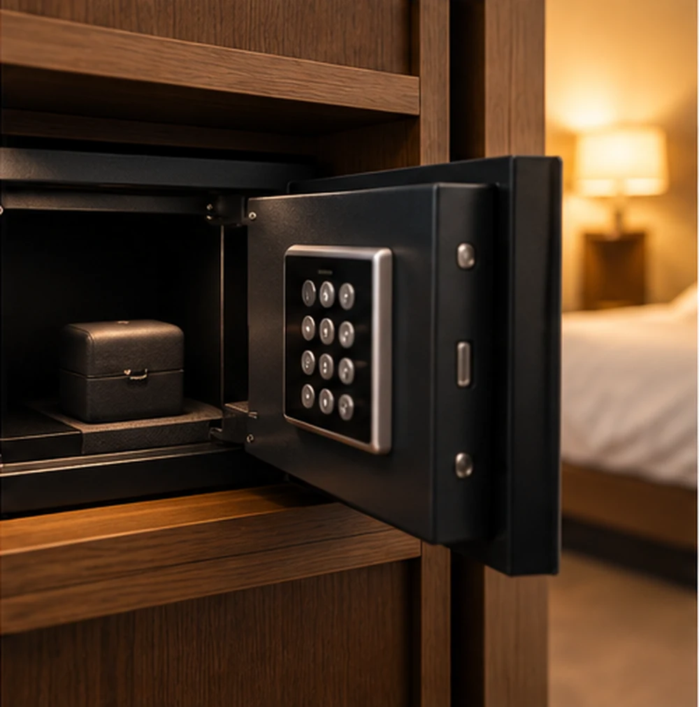 Engagement ring box stored securely inside a hotel room safe in Rome.