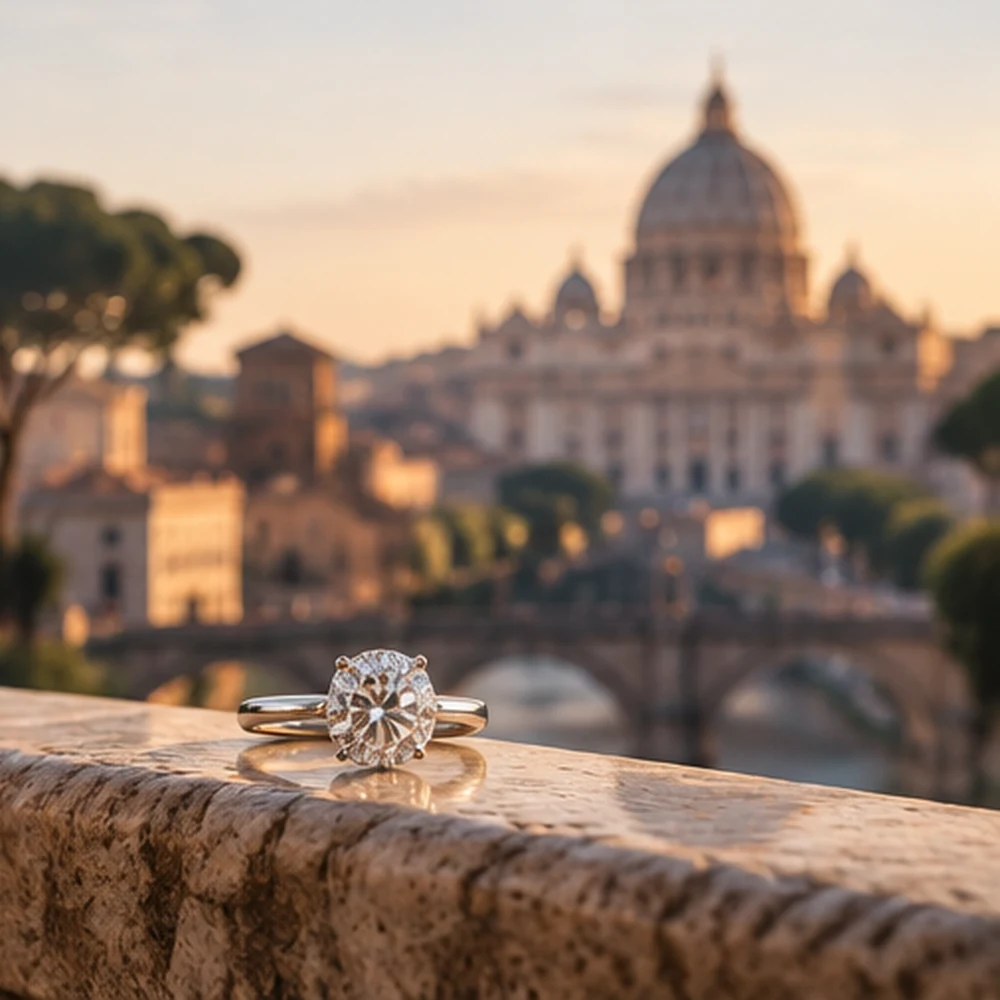 Diamond engagement ring photographed against a romantic Rome skyline at golden hour.