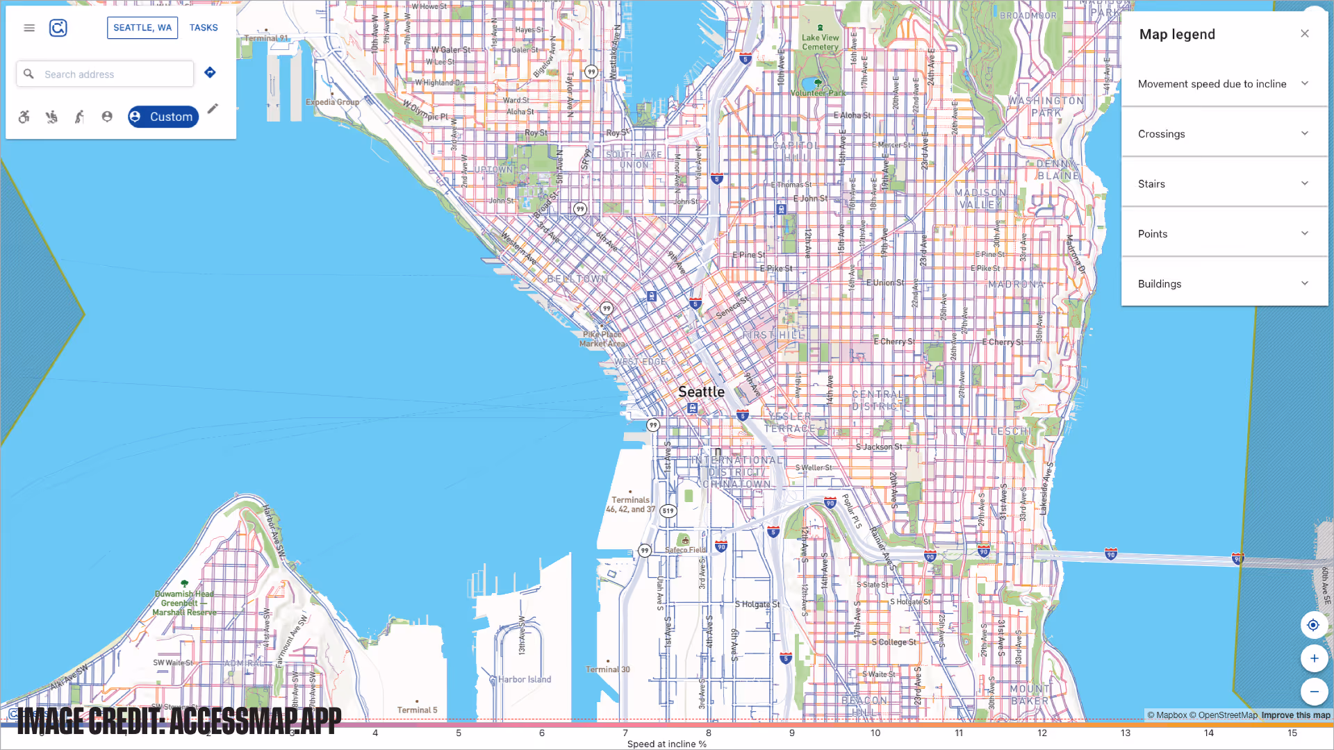 Map of Seattle, WA, showing streets, parks, terminals, and a legend for movement speed, crossings, stairs, points, and buildings.