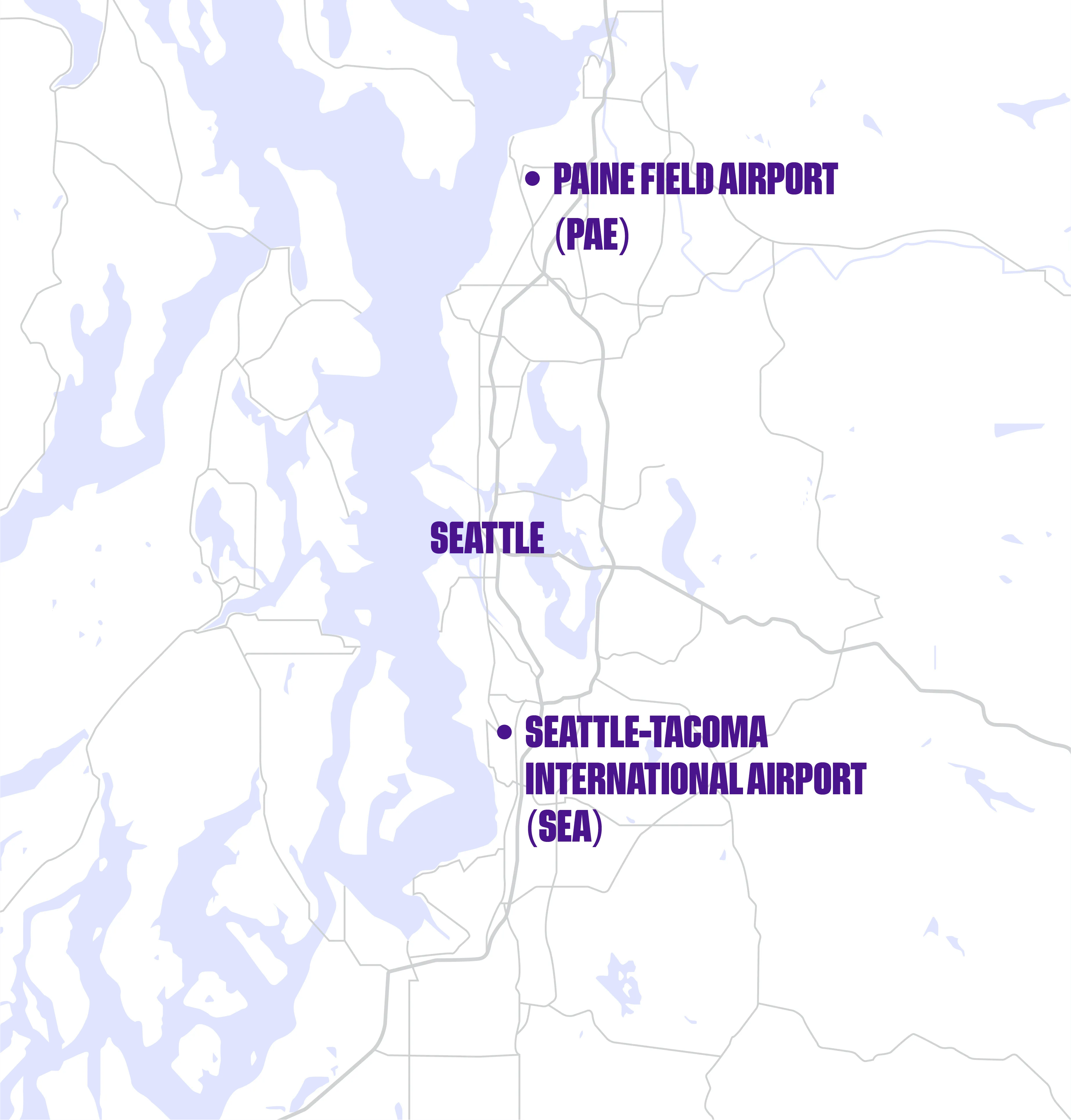 Map showing Seattle with Paine Field Airport (PAE) north of the city and Seattle-Tacoma International Airport (SEA) south of the city.