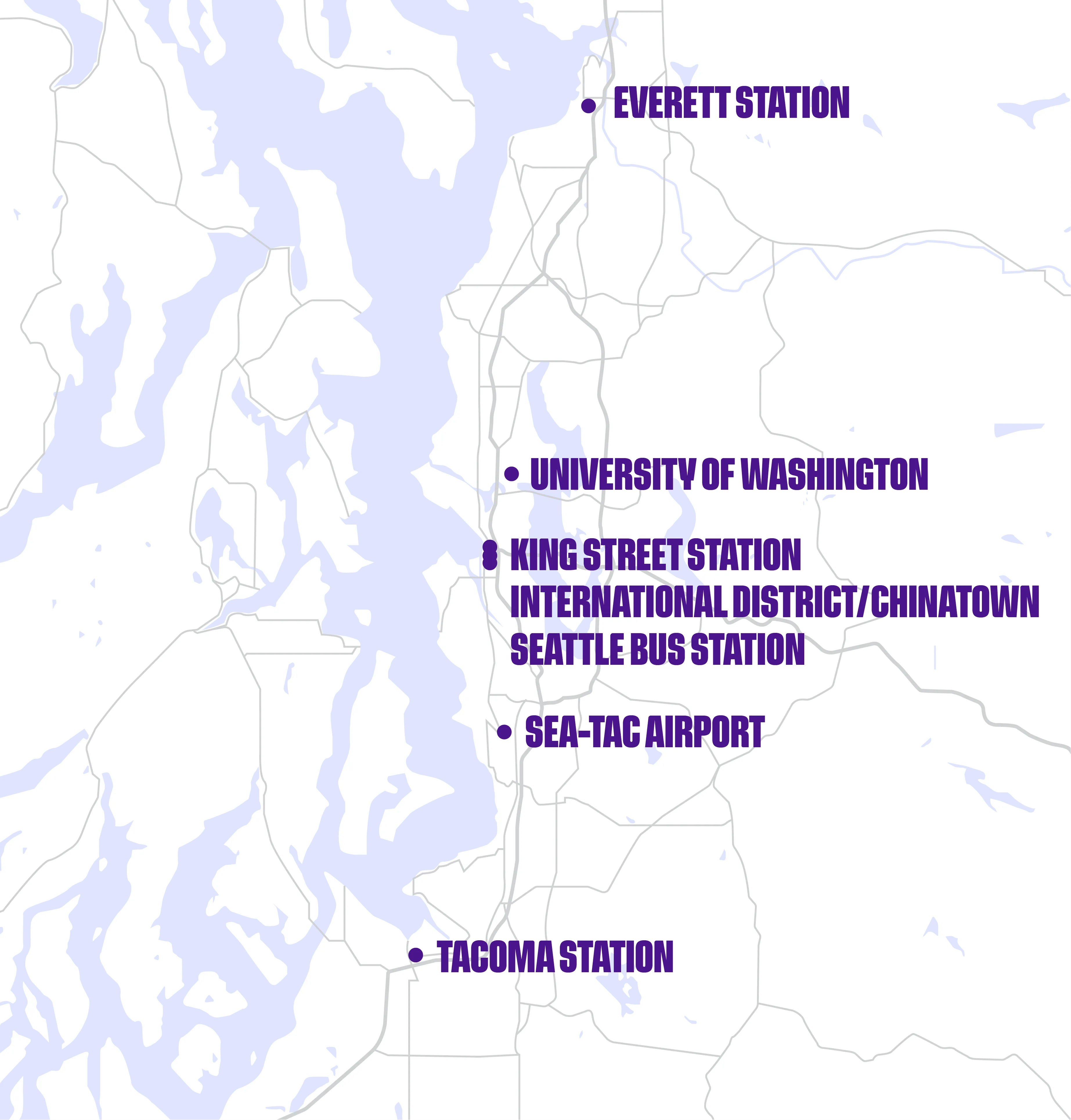 Map of Seattle area highlighting transit stations: Everett Station, University of Washington, King Street Station, International District/Chinatown, Seattle Bus Station, Sea-Tac Airport, and Tacoma Station.