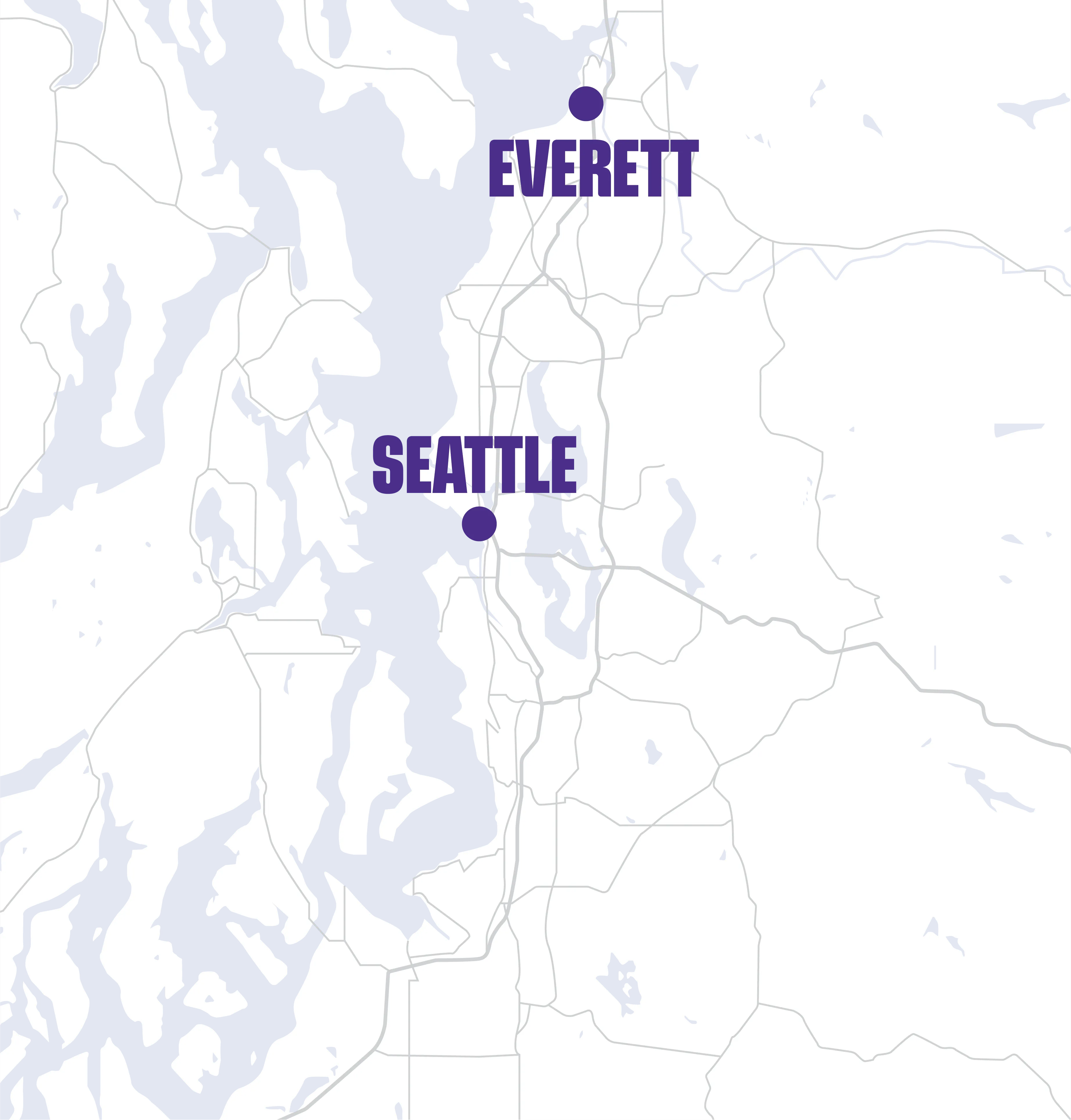 Map showing locations of Everett and Seattle in Washington state with surrounding water bodies and roads.