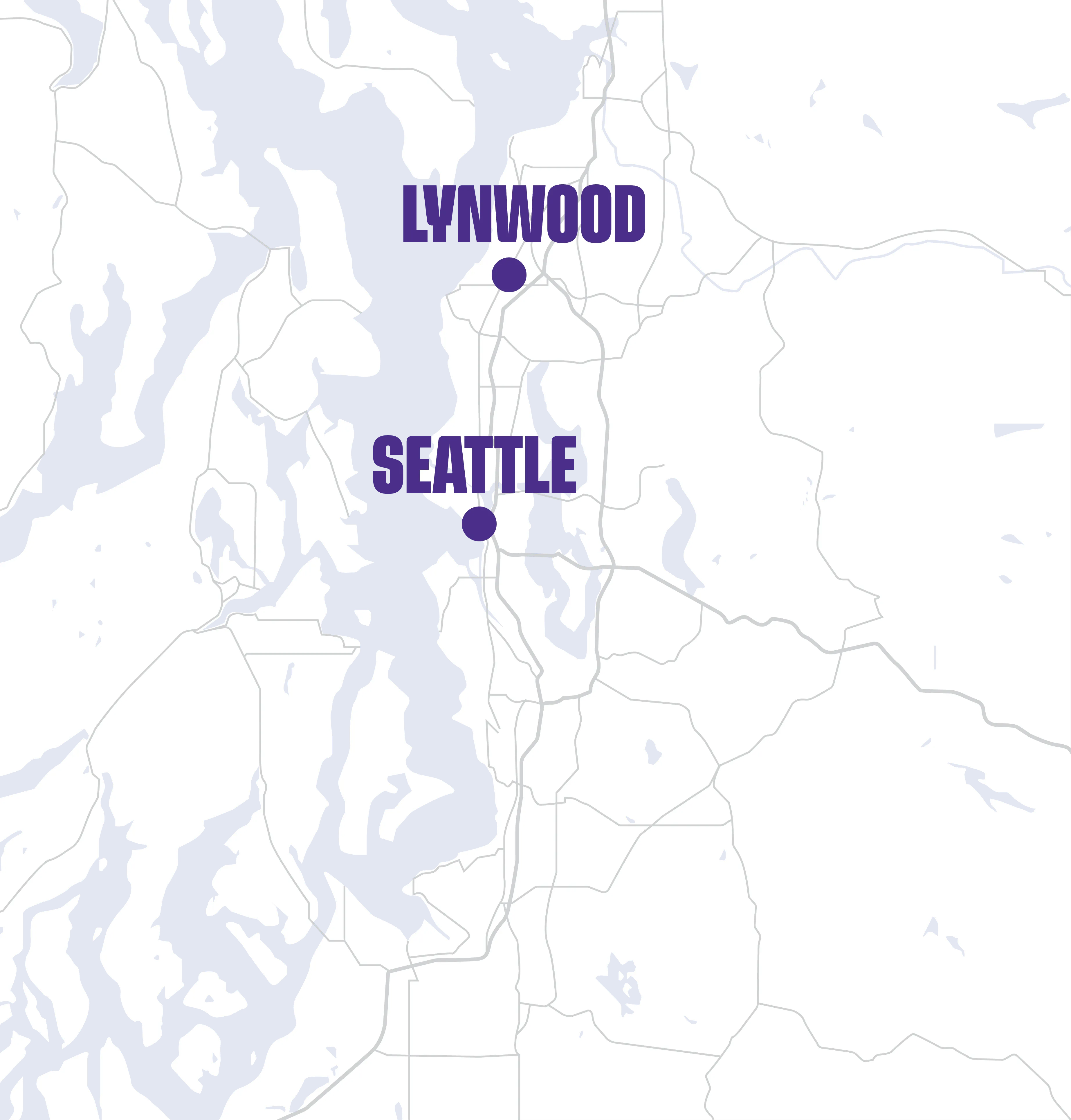 Map showing the locations of Lynwood and Seattle in the northwest United States with water bodies in blue and roads in light gray.