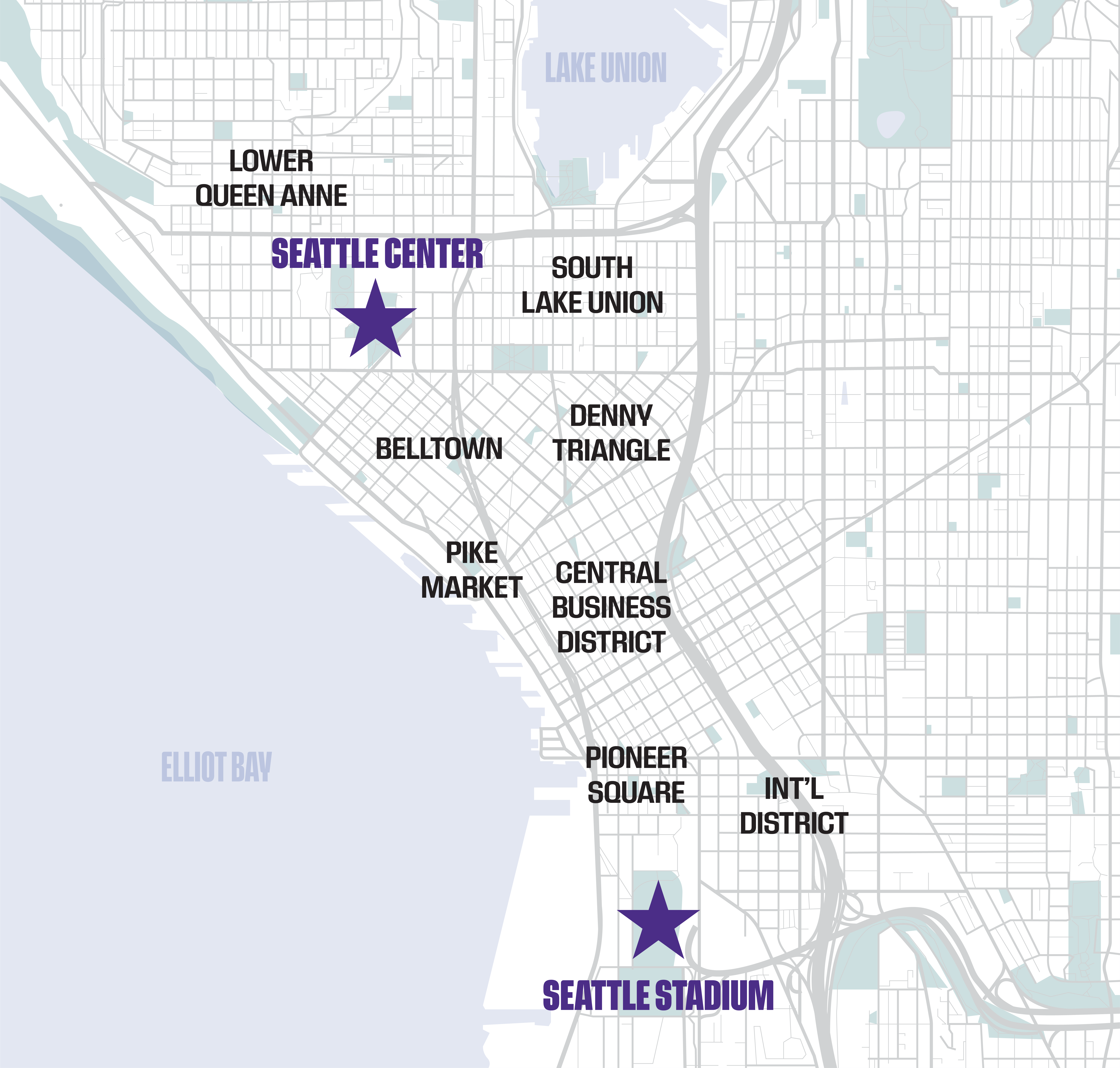 Map of central Seattle highlighting neighborhoods Lower Queen Anne, South Lake Union, Belltown, Denny Triangle, Pike Market, Central Business District, Pioneer Square, and Int'l District, with stars marking Seattle Center and Seattle Stadium.