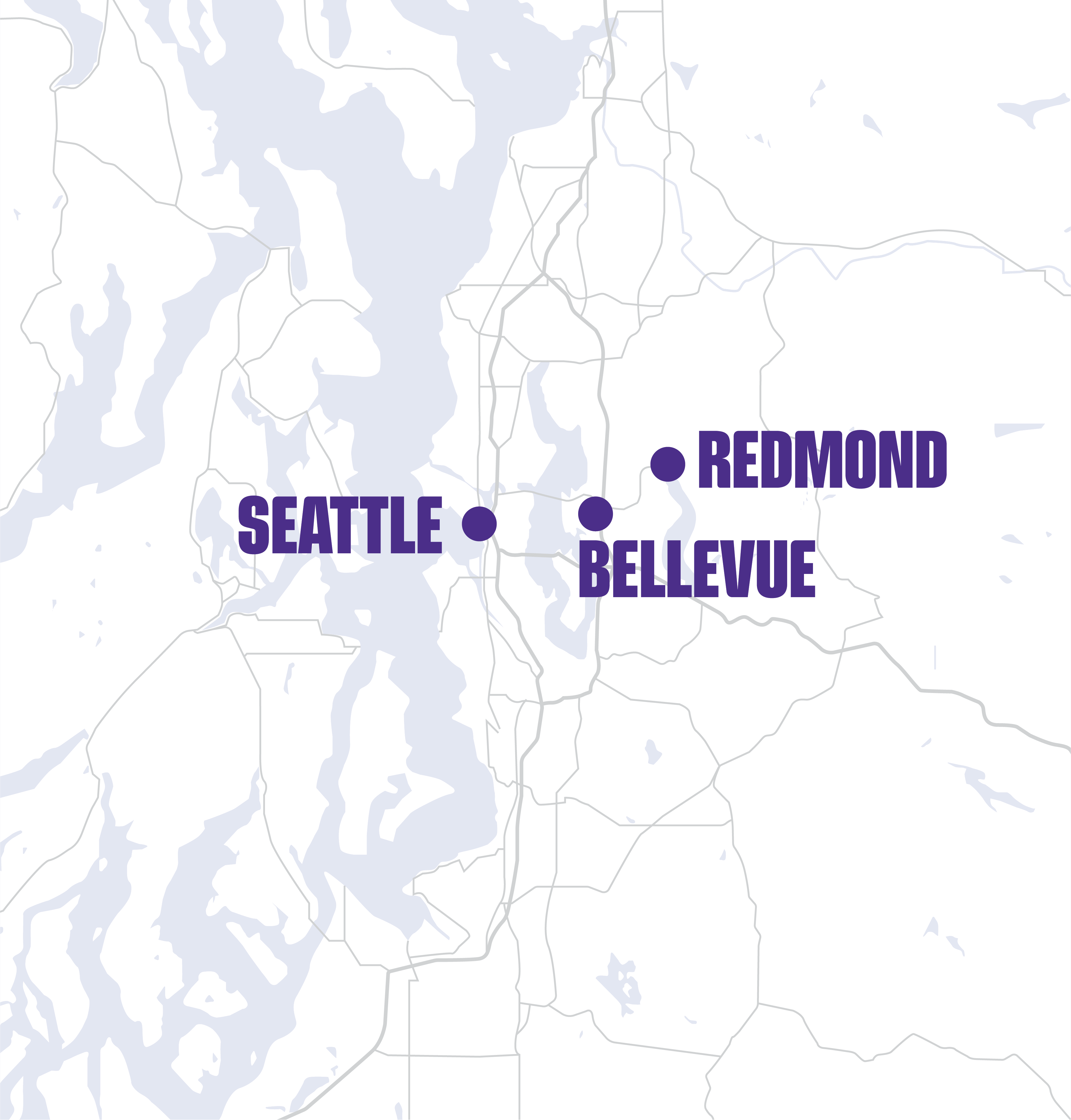 Map showing Seattle, Bellevue, and Redmond locations near waterways with city names labeled in bold purple text.