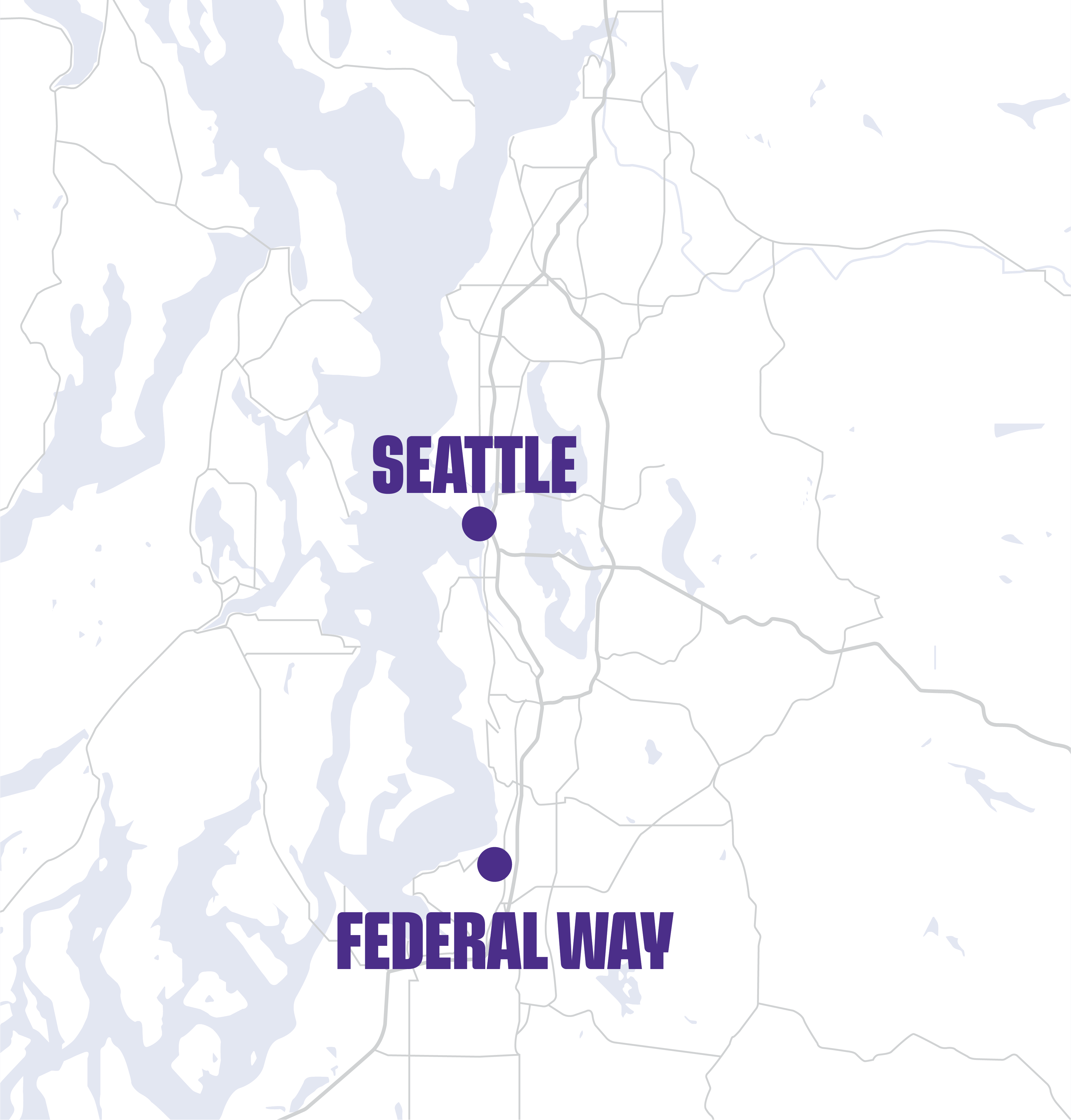 Map highlighting Seattle and Federal Way in Washington state with large purple text and dots marking their locations.