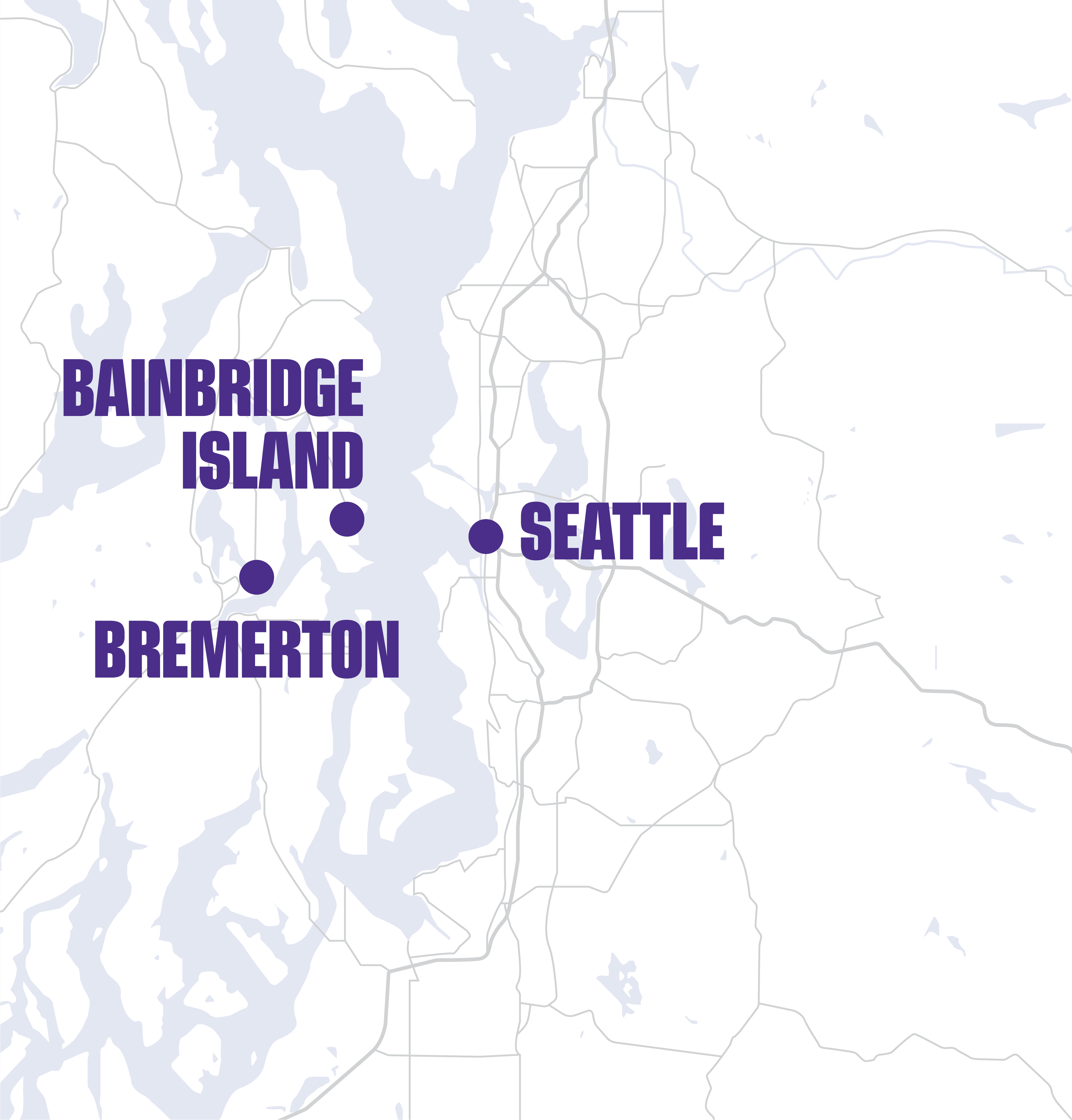 Map highlighting Bainbridge Island, Bremerton, and Seattle with water bodies and road networks.