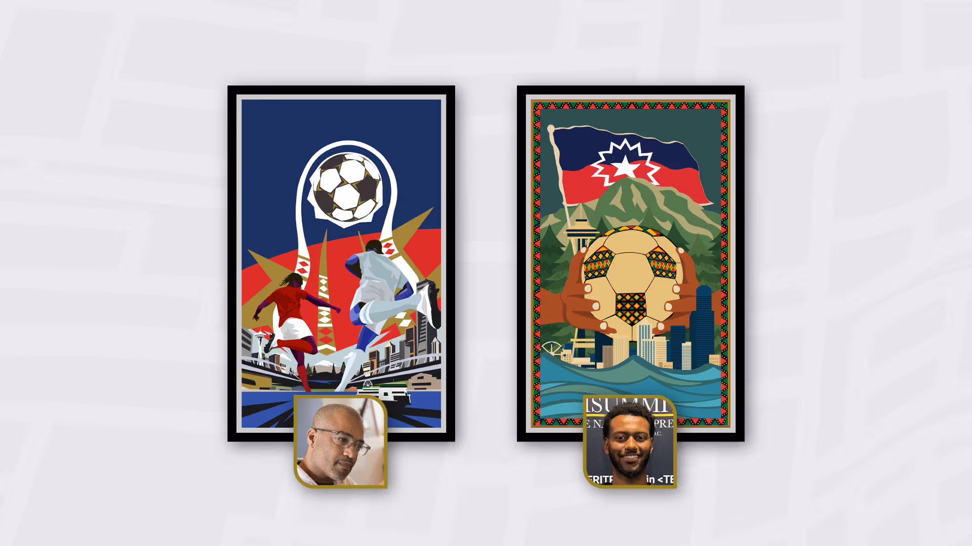 Two framed soccer-themed artworks: players chasing a ball and hands holding a patterned ball with cityscape.