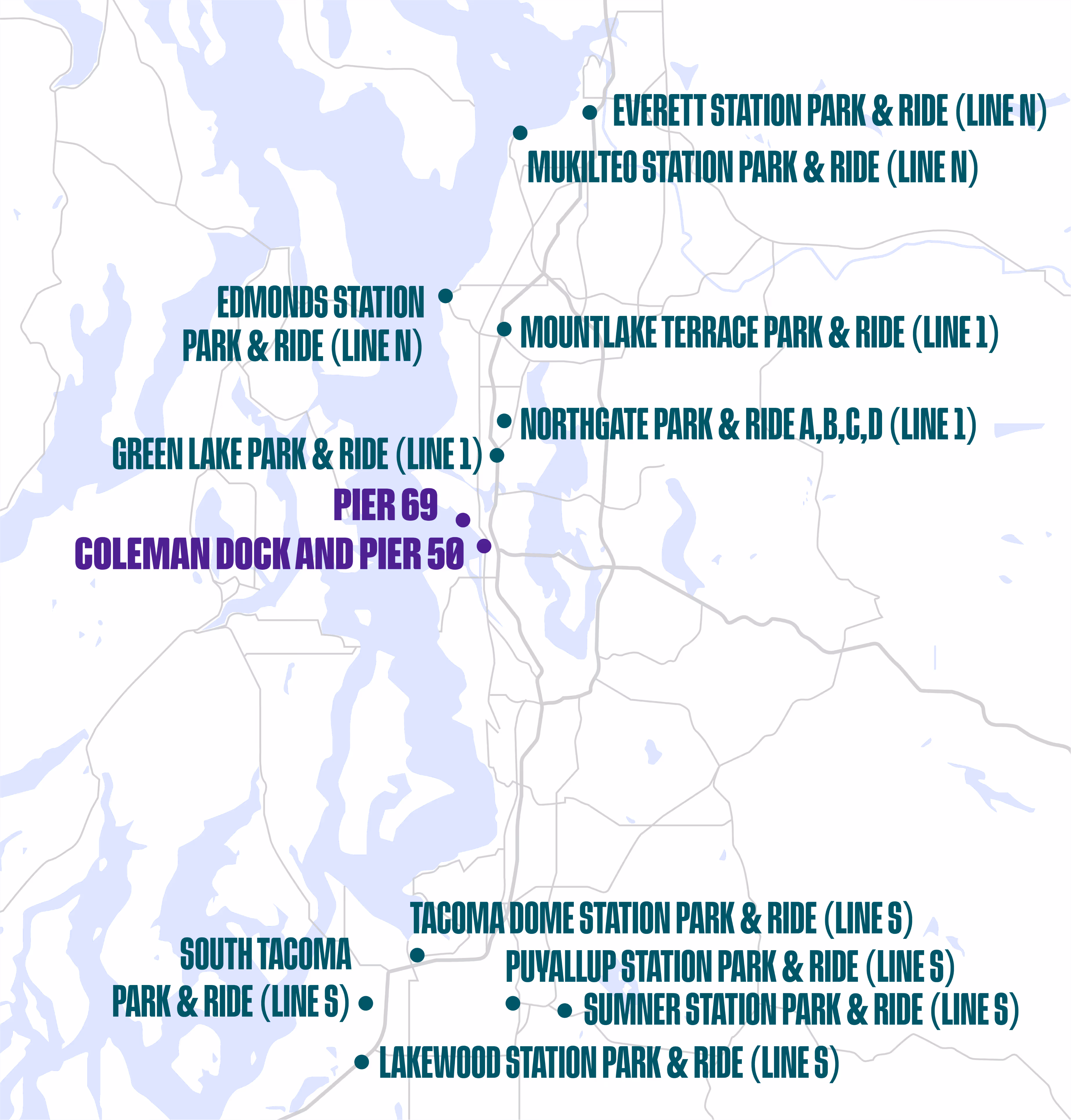 Map showing park & ride locations and ferry piers around Seattle and Tacoma.