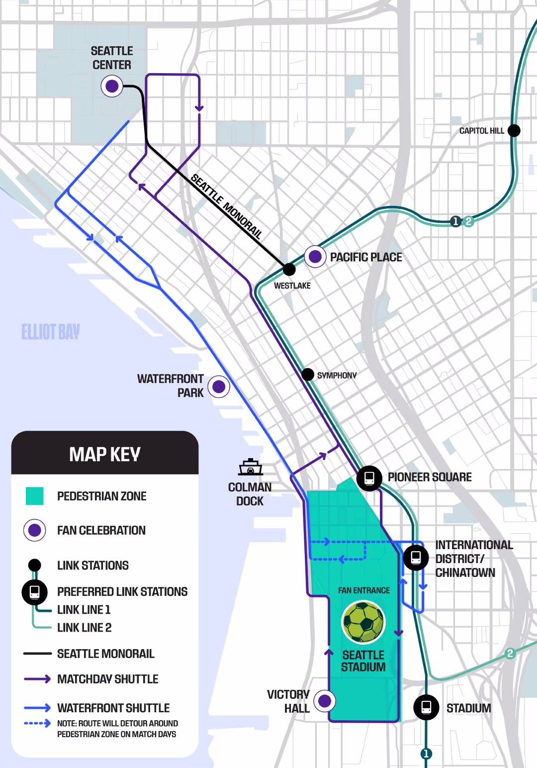 Link Light Rail and Metro Bus map to Seattle Stadium