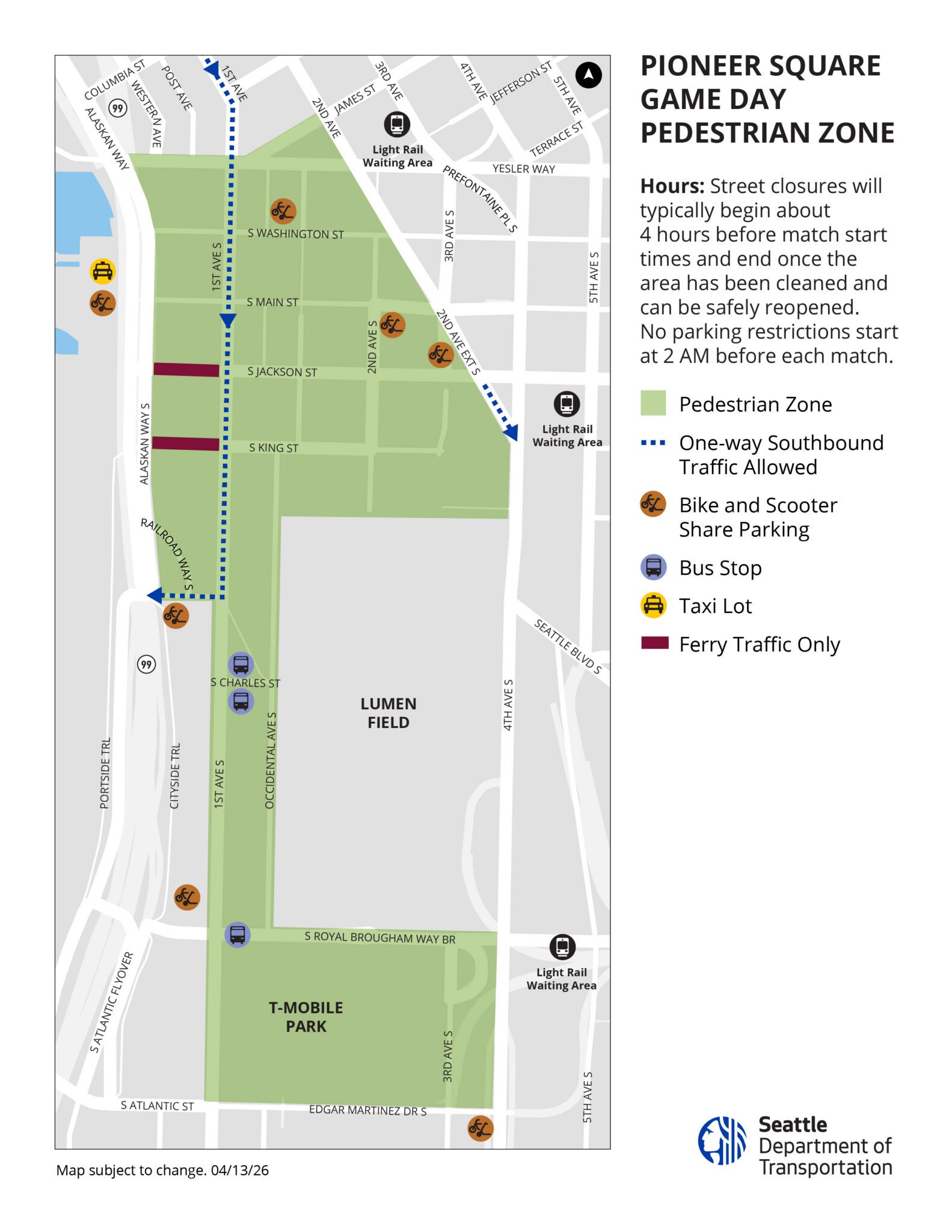 Pioneer Square Game Day Pedestrain Zone Map