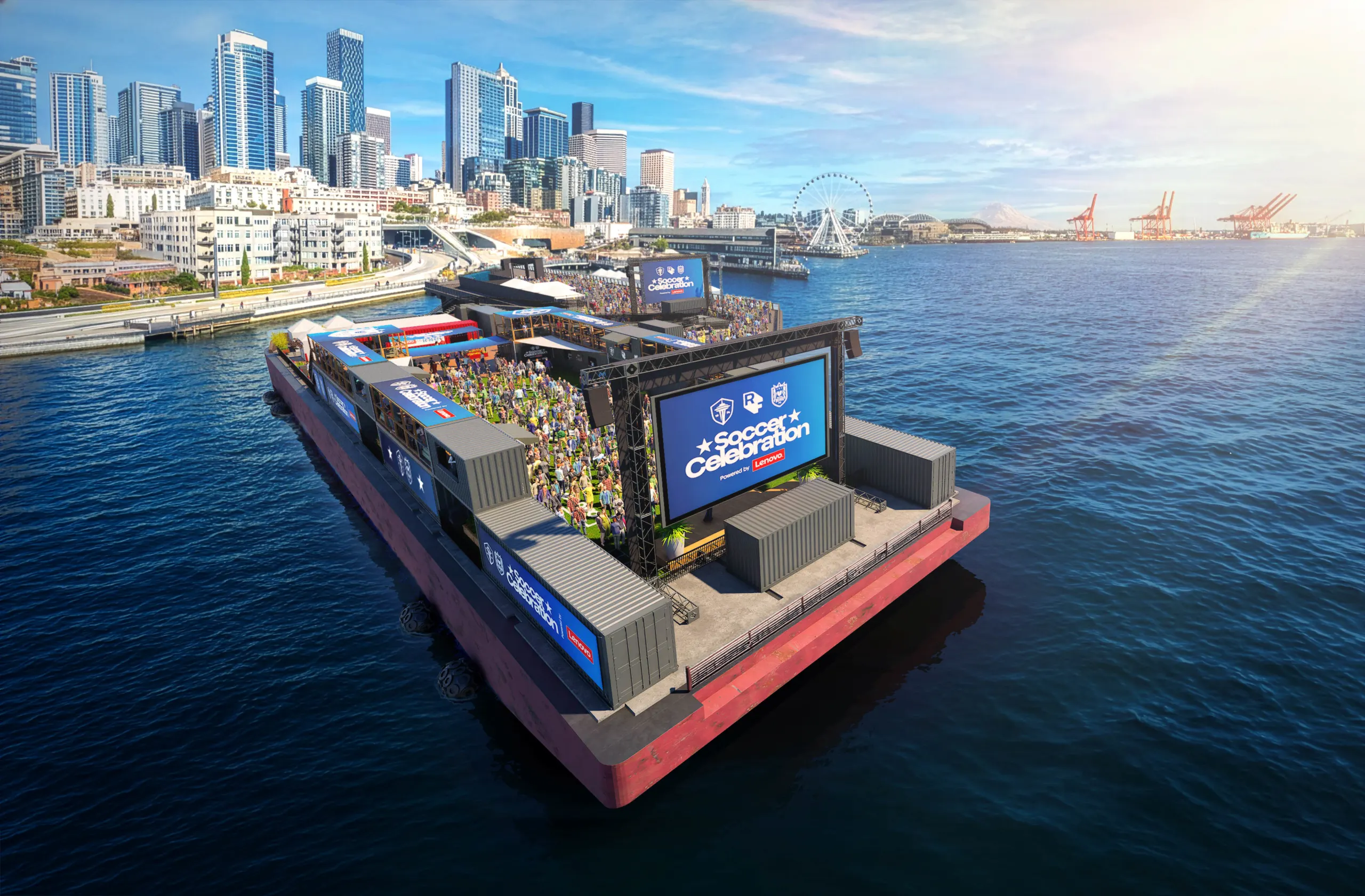 Floating platform event with screens showing Soccer Celebration near a city waterfront under blue sky.
