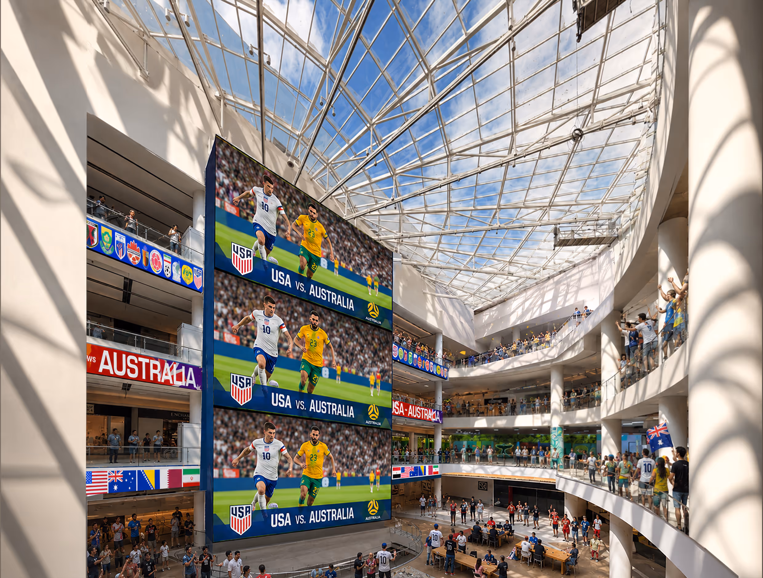 Sports fans in a multi-level atrium watching a giant screen showing USA vs. Australia soccer match.
