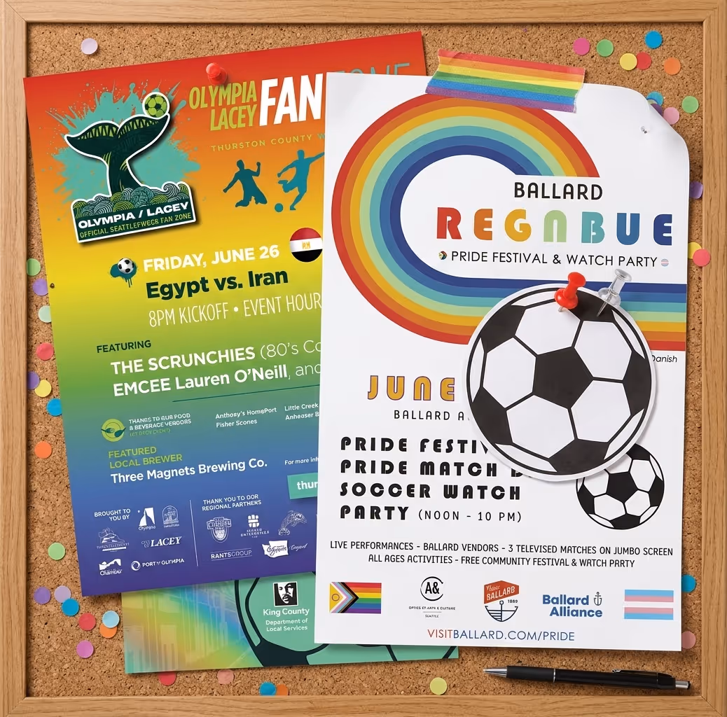 Corkboard with colorful flyers for Pride and soccer watch parties pinned with rainbow tape and confetti.