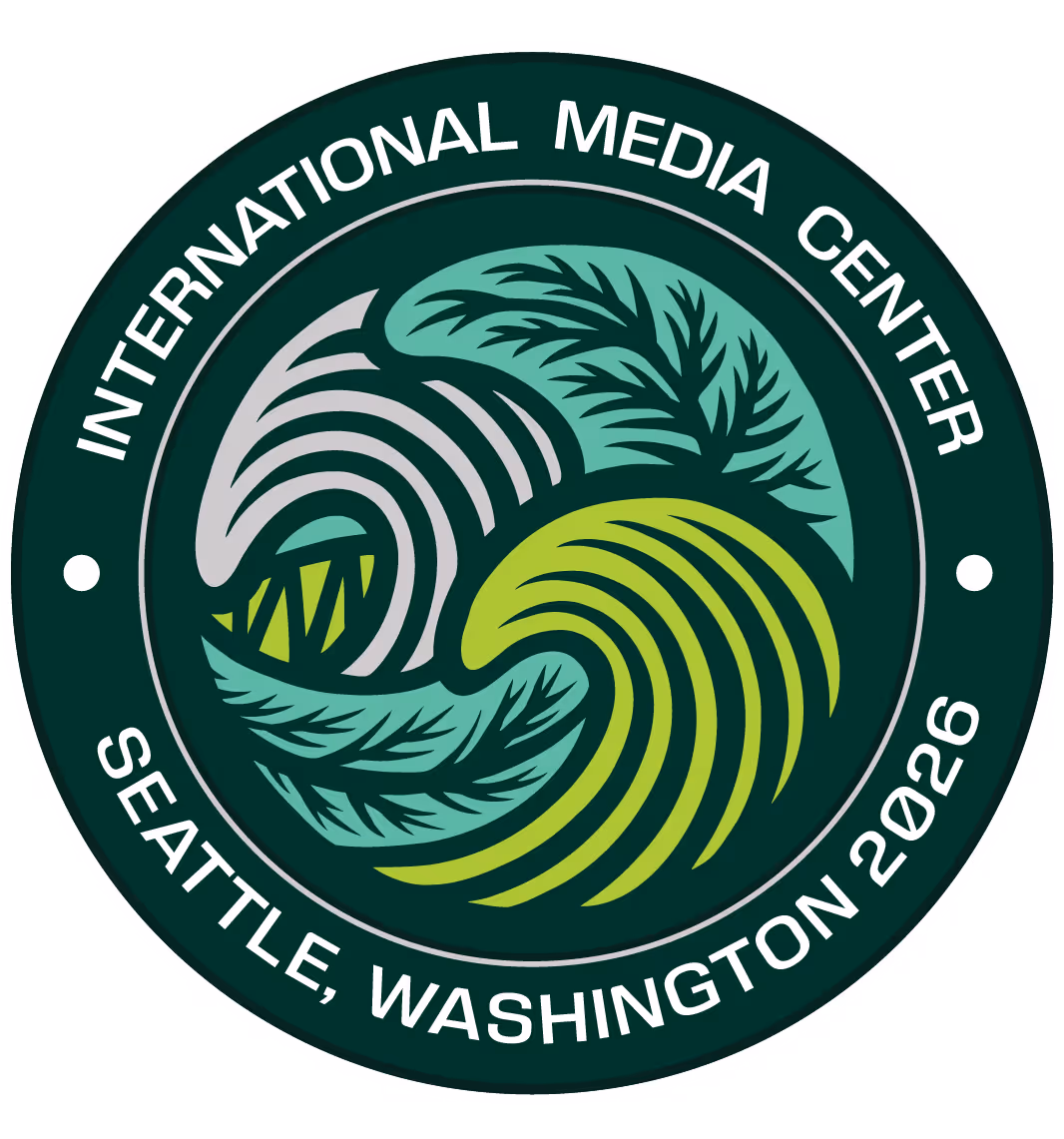 Circular logo with green tree and wave designs labeled International Media Center Seattle Washington 2026.