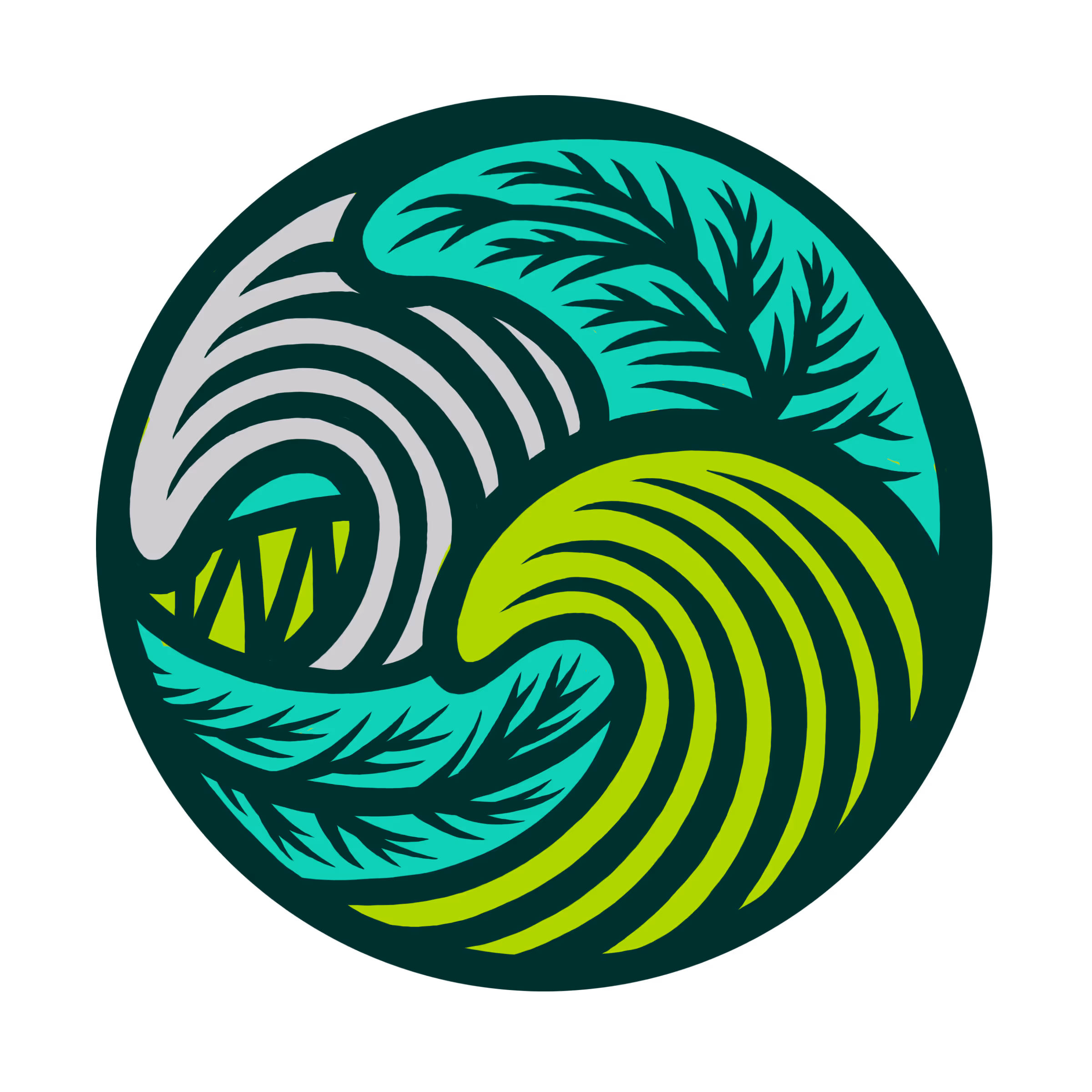 Circular design with stylized green and gray waves and leaf-like patterns inside.