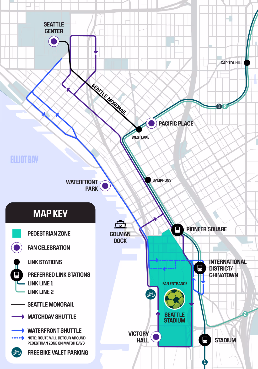 Seattle map showing pedestrian zone at stadium, fan celebrations, transit lines, and shuttle routes.