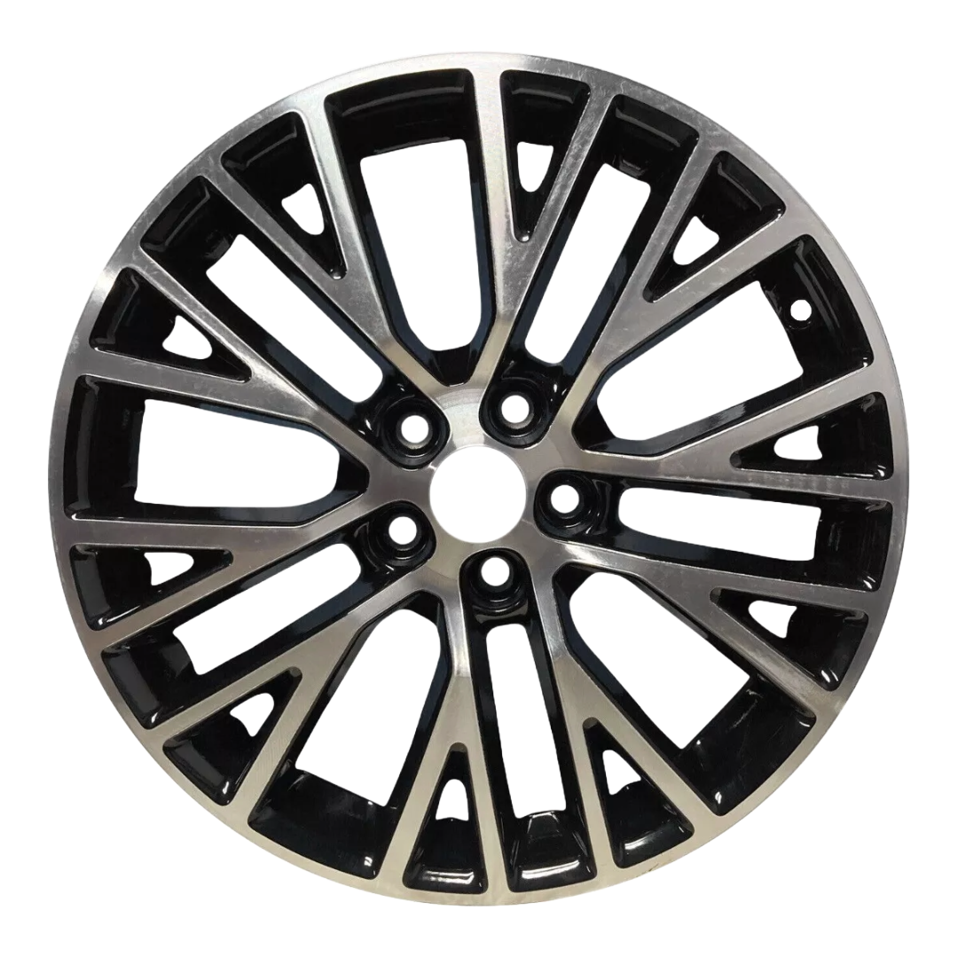 Shiny alloy wheel with a sleek, multi-spoke design, featuring a polished surface and black accents.