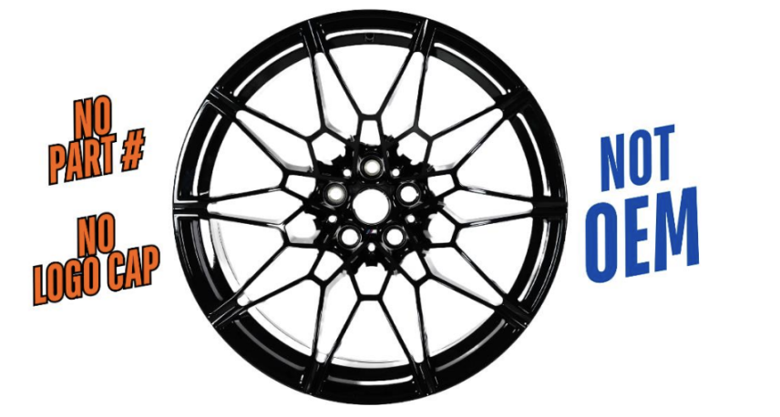 A sleek, black alloy wheel with a modern design, accompanied by text highlighting "No Part #," "No Logo Cap," and "Not OEM."