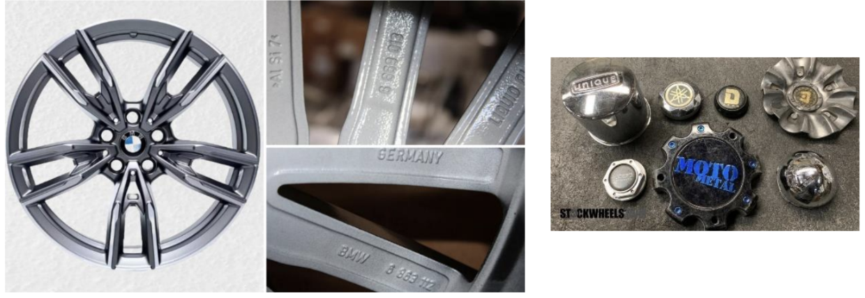 1. Close-up of a sporty BMW alloy wheel displaying a sleek design and the iconic logo.
2. Detailed view of wheel markings showcasing "GERMANY" and "BMW" embossments.
3. Various decorative wheel caps and center caps featuring different logos and designs.