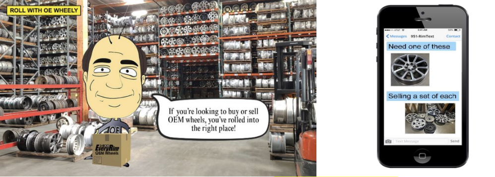 Left: Cartoon character promoting OEM wheels in a warehouse filled with rims.  
Right: A smartphone displaying messages about buying and selling car wheels.