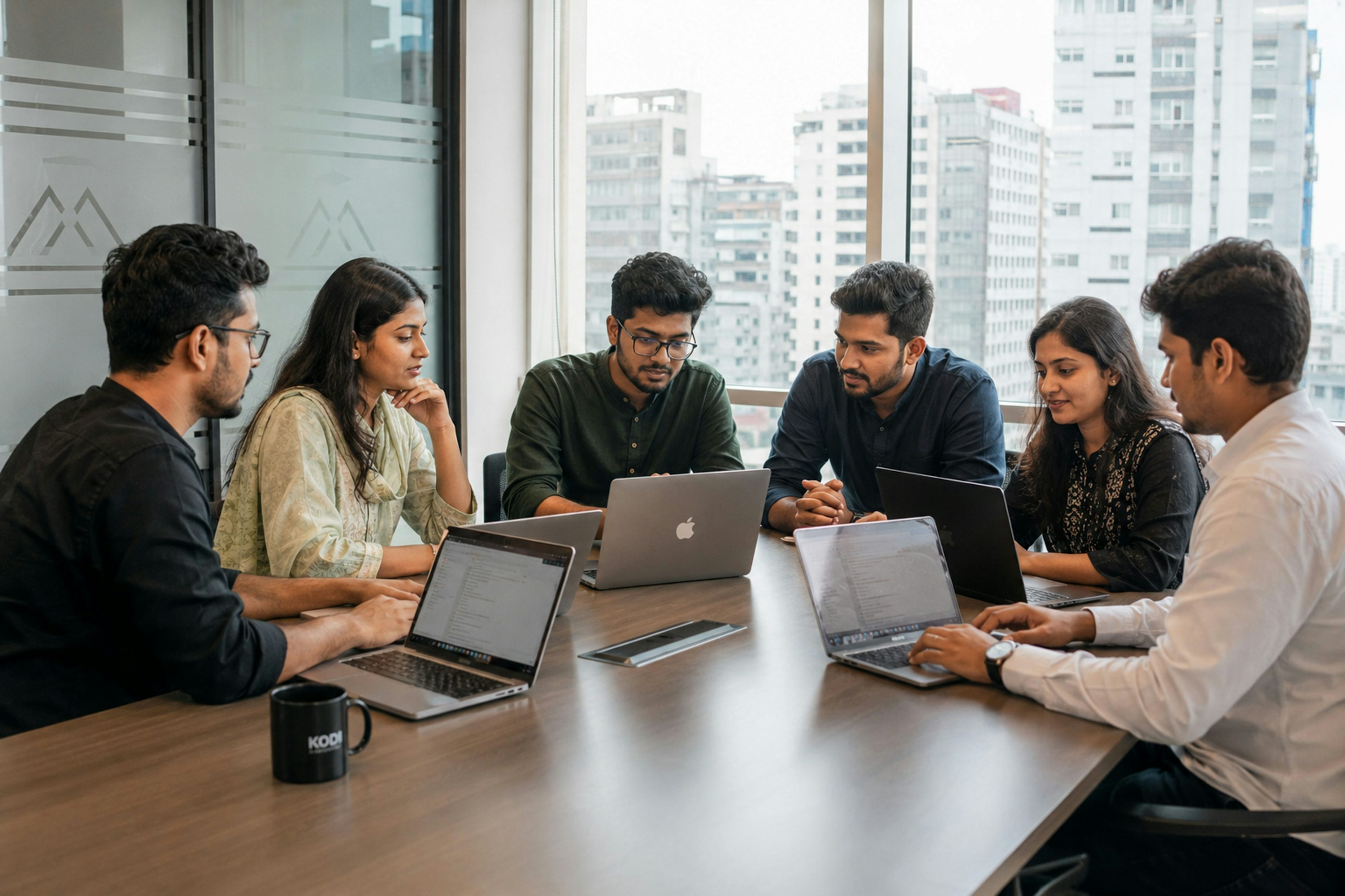 Startup team collaborating with laptops in an office