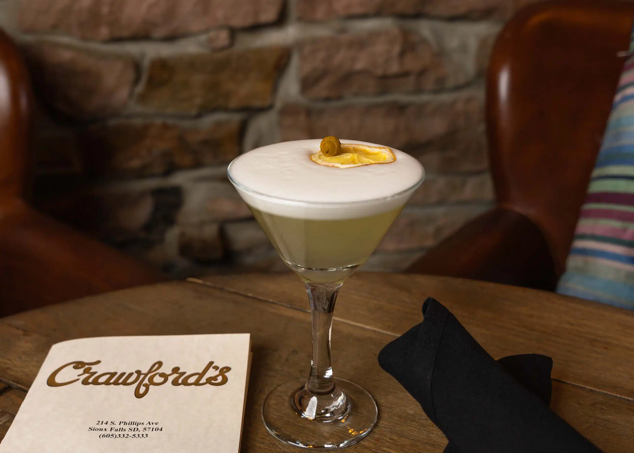 Epiphany cocktail with pear vodka and St Germain at Crawford's in Sioux Falls.