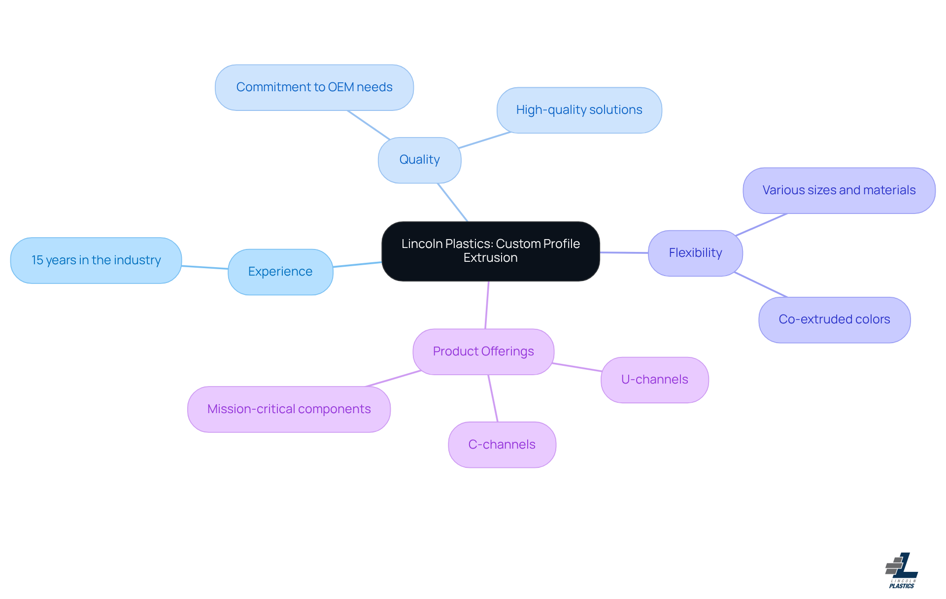 The center represents Lincoln Plastics, and the branches show their main strengths and offerings. Each branch gives more details about what makes them a leader in custom profile extrusion.