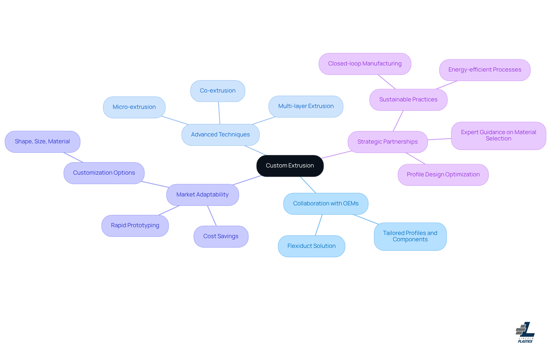 The center shows the main concept of custom extrusion, with branches representing key themes. Each theme has its own subpoints, illustrating how they all connect to the central idea.