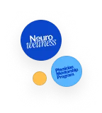 Blue circular logo with white text 'Neuro wellness' and smaller blue and yellow circles below it.